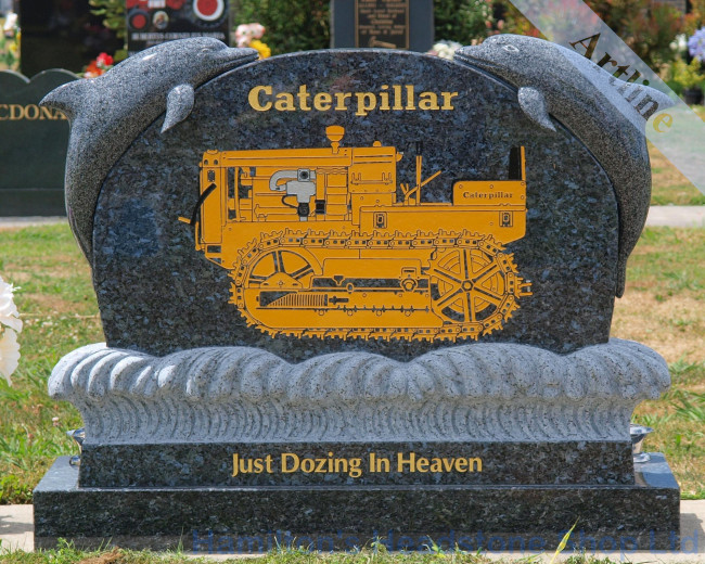 Cat Bulldozer Engraving with Dolphin Headstone